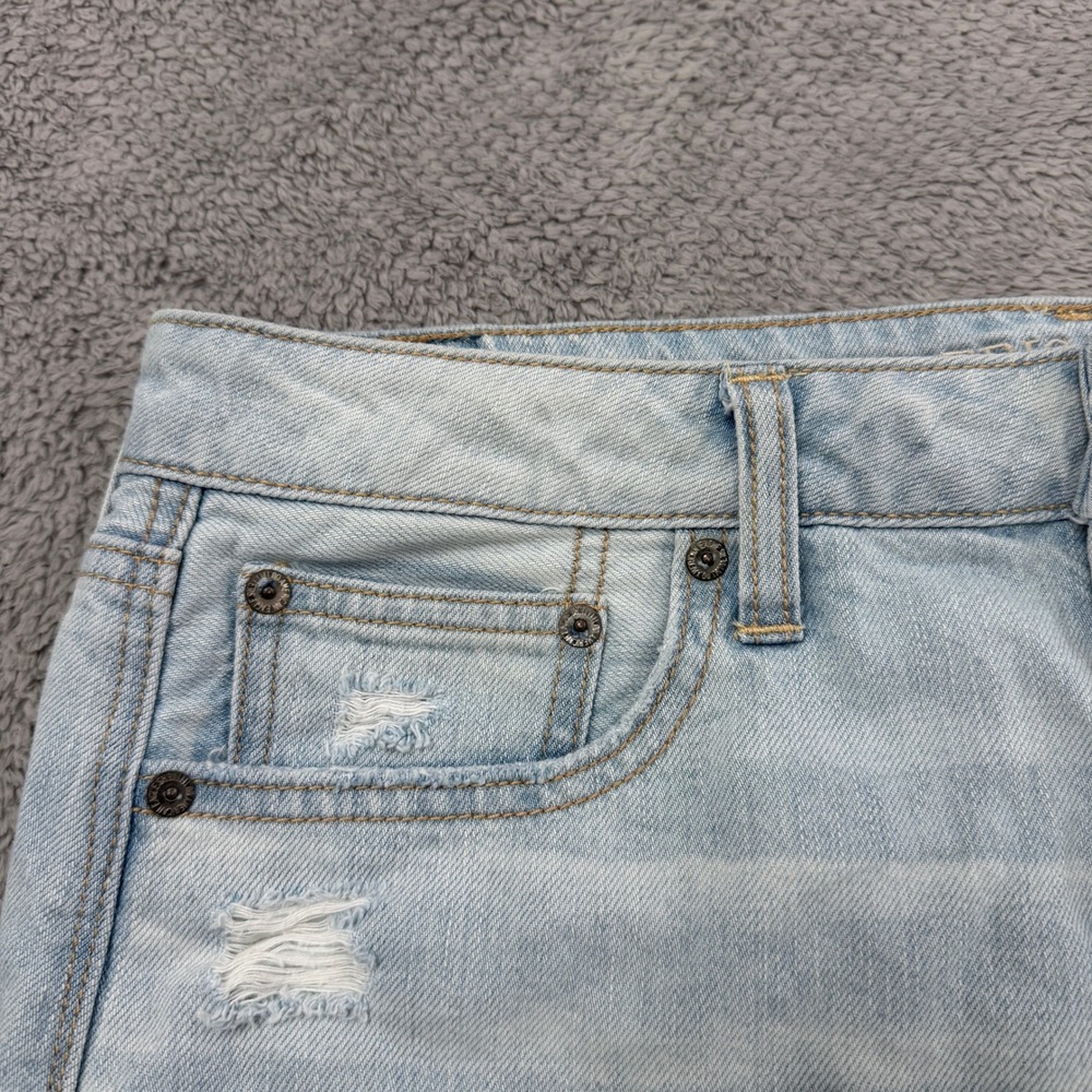 American Eagle Denim Mini Skirt Womens 8 Blue Distressed Lace Inset Frayed Hem - Picture 2 of 10